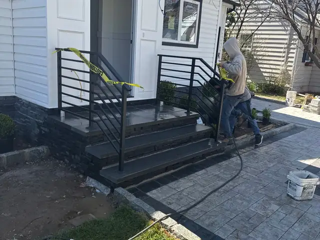 Custom Steps, Stamped Concrete & Metal Railing